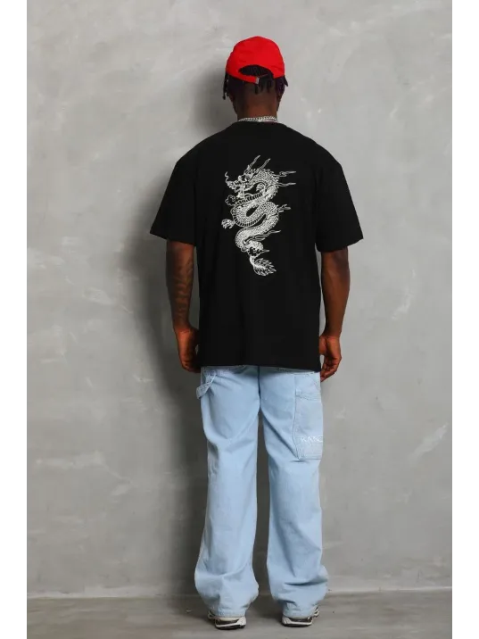 Unisex Oversize Baskılı Bisiklet Yaka T-Shirt - Siyah Unisex Oversize Baskılı Bisiklet Yaka T-Shirt - Siyah