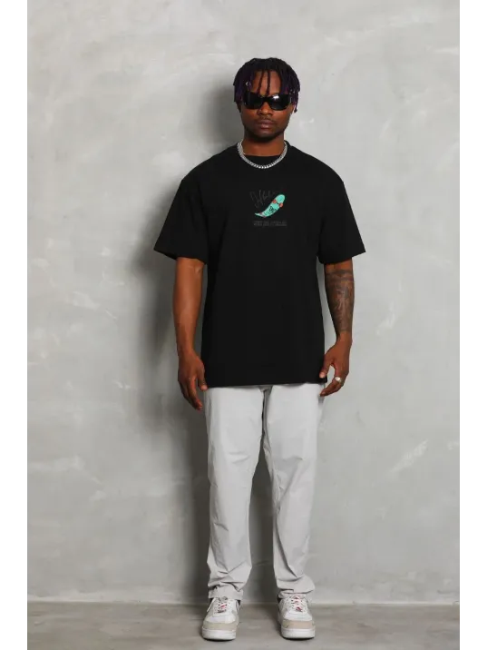 Unisex Oversize Baskılı Bisiklet Yaka T-Shirt - Siyah Unisex Oversize Baskılı Bisiklet Yaka T-Shirt - Siyah