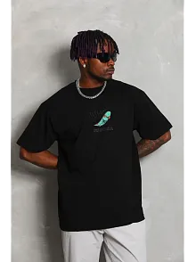 Erkek Kısa Kol Baskılı Bisiklet Yaka T-shirt - Siyah