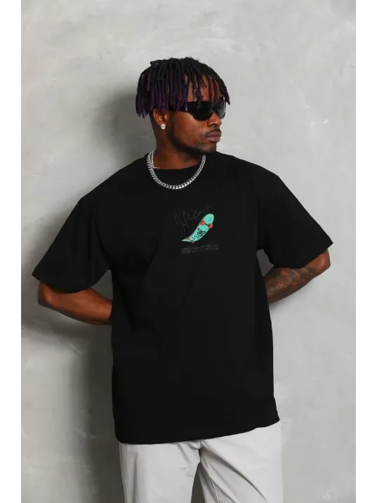 Unisex Oversize Baskılı Bisiklet Yaka T-Shirt - Siyah Unisex Oversize Baskılı Bisiklet Yaka T-Shirt - Siyah