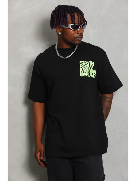 Unisex Oversize Baskılı Bisiklet Yaka T-Shirt - Siyah Unisex Oversize Baskılı Bisiklet Yaka T-Shirt - Siyah