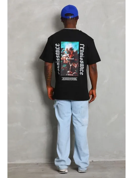 Unisex Oversize Baskılı Bisiklet Yaka T-Shirt - Siyah