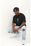 Erkek Kısa Kol Oversize Baskılı Bisiklet Yaka T-shirt - Siyah