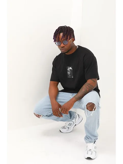 Erkek Kısa Kol Oversize Baskılı Bisiklet Yaka T-shirt - Siyah