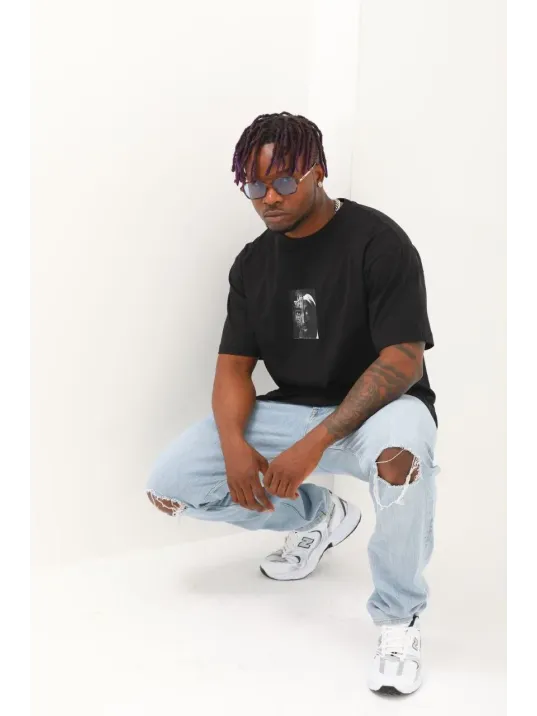 Unisex Oversize Baskılı Bisiklet Yaka T-Shirt - Siyah Unisex Oversize Baskılı Bisiklet Yaka T-Shirt - Siyah