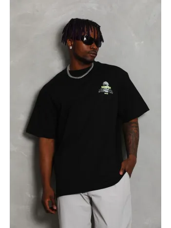 Unisex Oversize Baskılı Bisiklet Yaka T-Shirt - Siyah Unisex Oversize Baskılı Bisiklet Yaka T-Shirt - Siyah
