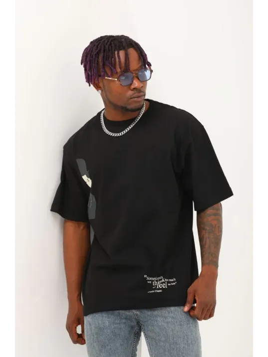 Unisex Oversize Baskılı Bisiklet Yaka T-Shirt - Siyah Unisex Oversize Baskılı Bisiklet Yaka T-Shirt - Siyah