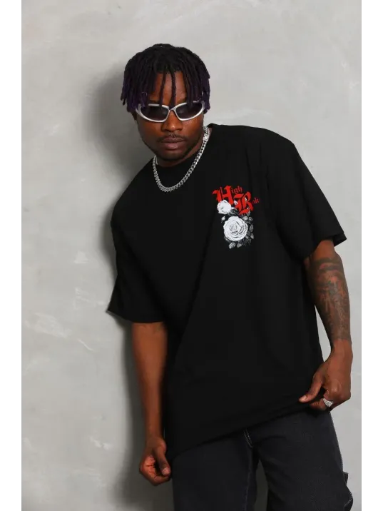 Unisex Oversize Baskılı Bisiklet Yaka T-Shirt - Siyah Unisex Oversize Baskılı Bisiklet Yaka T-Shirt - Siyah