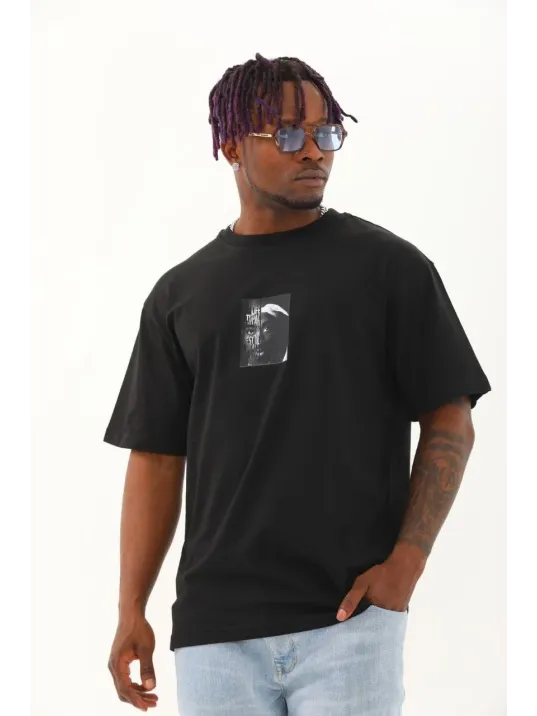 Unisex Oversize Baskılı Bisiklet Yaka T-Shirt - Siyah Unisex Oversize Baskılı Bisiklet Yaka T-Shirt - Siyah