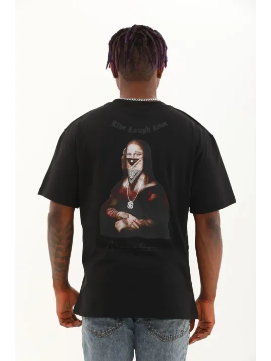 Unisex Oversize Baskılı Bisiklet Yaka T-Shirt - Siyah