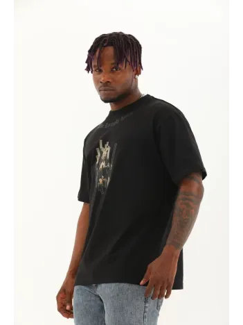 Unisex Oversize Baskılı Bisiklet Yaka T-Shirt - Siyah Unisex Oversize Baskılı Bisiklet Yaka T-Shirt - Siyah