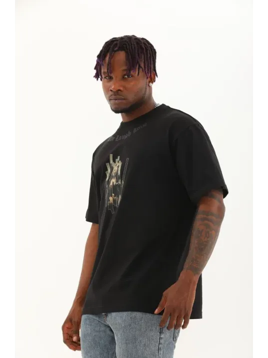 Unisex Oversize Baskılı Bisiklet Yaka T-Shirt - Siyah Unisex Oversize Baskılı Bisiklet Yaka T-Shirt - Siyah