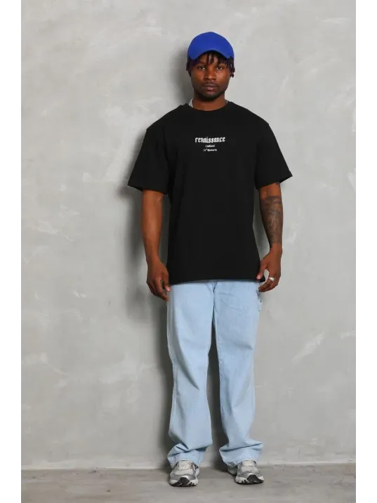 Unisex Oversize Baskılı Bisiklet Yaka T-Shirt - Siyah