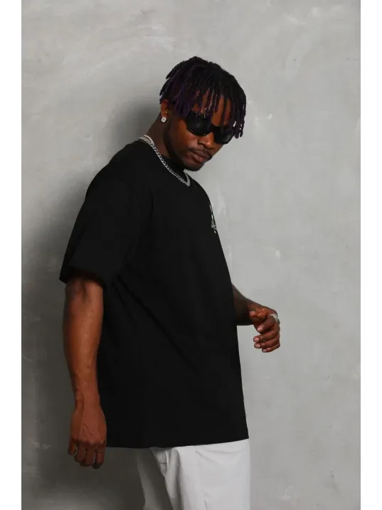 Unisex Oversize Baskılı Bisiklet Yaka T-Shirt - Siyah Unisex Oversize Baskılı Bisiklet Yaka T-Shirt - Siyah