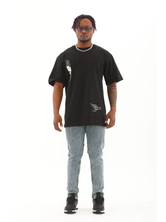 Unisex Oversize Baskılı Bisiklet Yaka T-Shirt - Siyah Unisex Oversize Baskılı Bisiklet Yaka T-Shirt - Siyah