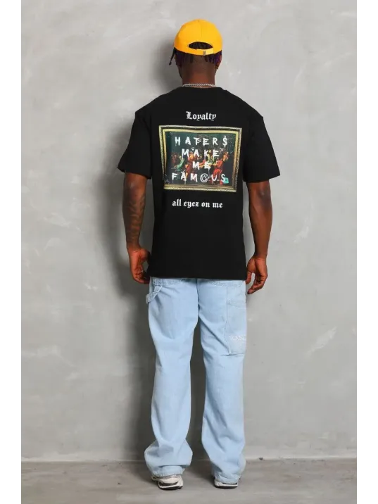 Unisex Oversize Baskılı Bisiklet Yaka T-Shirt - Siyah