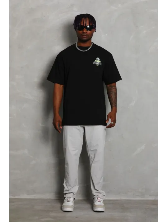 Unisex Oversize Baskılı Bisiklet Yaka T-Shirt - Siyah Unisex Oversize Baskılı Bisiklet Yaka T-Shirt - Siyah