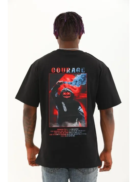 Unisex Oversize Baskılı Bisiklet Yaka T-Shirt - Siyah