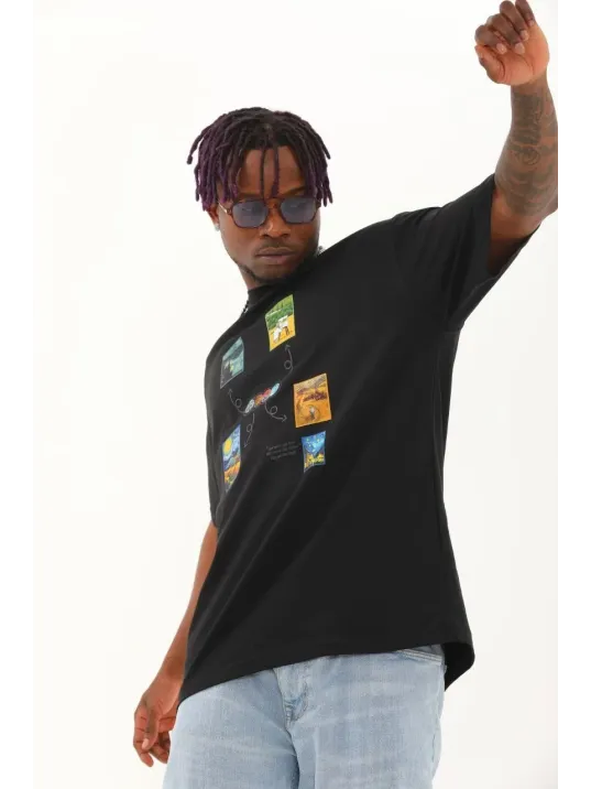 Unisex Oversize Baskılı Bisiklet Yaka T-Shirt - Siyah Unisex Oversize Baskılı Bisiklet Yaka T-Shirt - Siyah