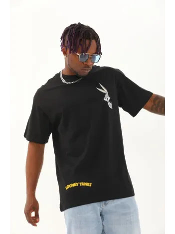 Unisex Oversize Baskılı Bisiklet Yaka T-Shirt - Siyah Unisex Oversize Baskılı Bisiklet Yaka T-Shirt - Siyah