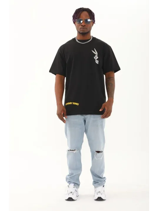 Unisex Oversize Baskılı Bisiklet Yaka T-Shirt - Siyah