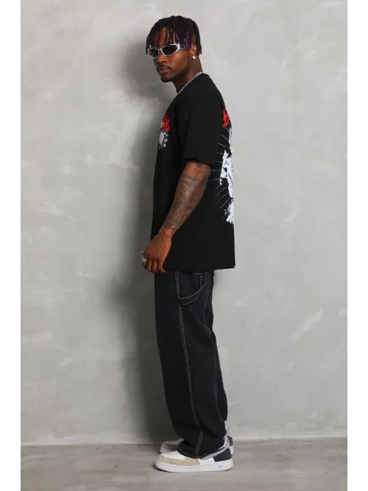 Unisex Oversize Baskılı Bisiklet Yaka T-Shirt - Siyah Unisex Oversize Baskılı Bisiklet Yaka T-Shirt - Siyah