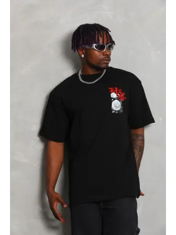 Unisex Oversize Baskılı Bisiklet Yaka T-Shirt - Siyah Unisex Oversize Baskılı Bisiklet Yaka T-Shirt - Siyah