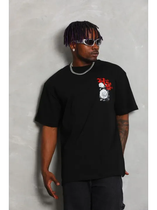 Unisex Oversize Baskılı Bisiklet Yaka T-Shirt - Siyah Unisex Oversize Baskılı Bisiklet Yaka T-Shirt - Siyah