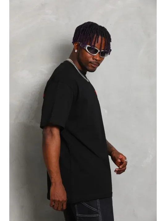 Unisex Oversize Baskılı Bisiklet Yaka T-Shirt - Siyah Unisex Oversize Baskılı Bisiklet Yaka T-Shirt - Siyah