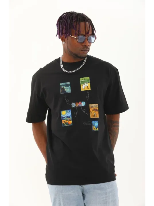 Unisex Oversize Baskılı Bisiklet Yaka T-Shirt - Siyah