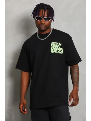 Unisex Oversize Baskılı Bisiklet Yaka T-Shirt - Siyah