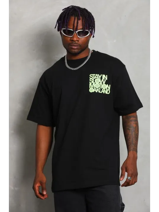 Unisex Oversize Baskılı Bisiklet Yaka T-Shirt - Siyah