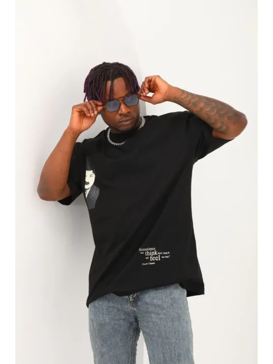 Unisex Oversize Baskılı Bisiklet Yaka T-Shirt - Siyah Unisex Oversize Baskılı Bisiklet Yaka T-Shirt - Siyah