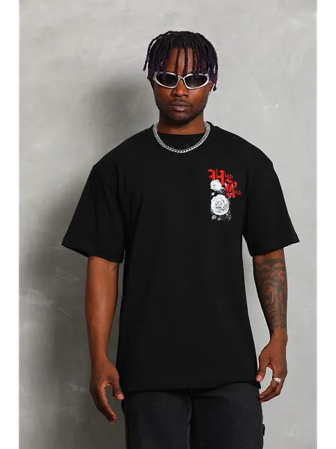 Erkek Baskılı T-shirt Kısa Kol Bisiklet Yaka Rahat Kalıp Tişört  - Siyah