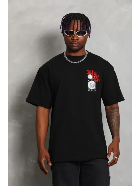 Unisex Oversize Baskılı Bisiklet Yaka T-Shirt - Siyah Unisex Oversize Baskılı Bisiklet Yaka T-Shirt - Siyah