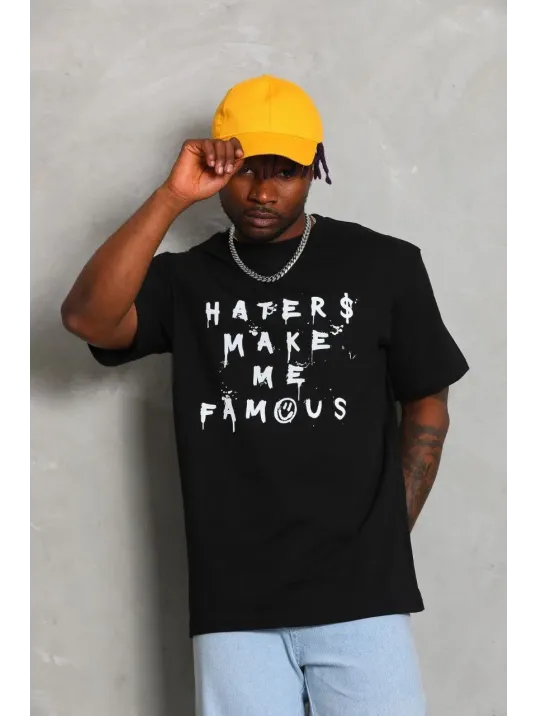 Unisex Oversize Baskılı Bisiklet Yaka T-Shirt - Siyah