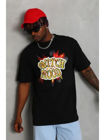 Unisex Oversize Baskılı Bisiklet Yaka T-Shirt - Siyah