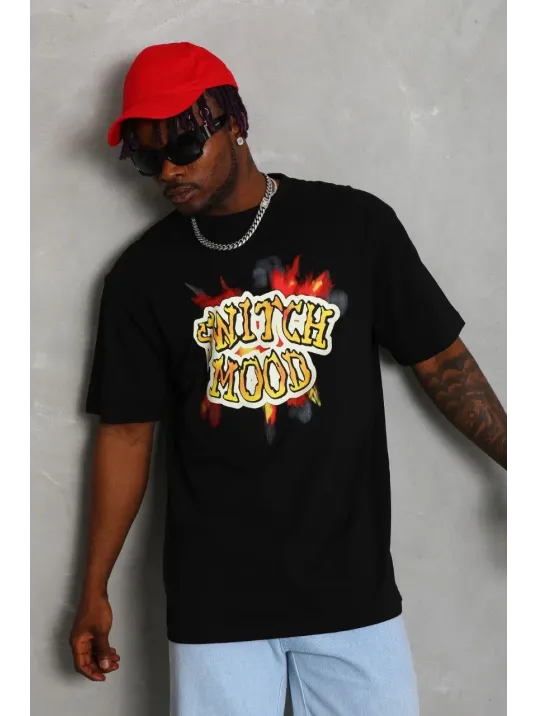 Unisex Oversize Baskılı Bisiklet Yaka T-Shirt - Siyah Unisex Oversize Baskılı Bisiklet Yaka T-Shirt - Siyah