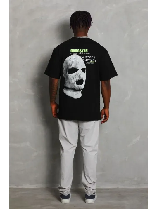 Unisex Oversize Baskılı Bisiklet Yaka T-Shirt - Siyah Unisex Oversize Baskılı Bisiklet Yaka T-Shirt - Siyah