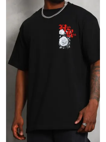 Unisex Oversize Baskılı Bisiklet Yaka T-Shirt - Siyah