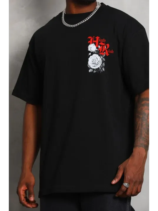 Unisex Oversize Baskılı Bisiklet Yaka T-Shirt - Siyah Unisex Oversize Baskılı Bisiklet Yaka T-Shirt - Siyah