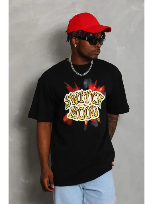 Unisex Oversize Baskılı Bisiklet Yaka T-Shirt - Siyah Unisex Oversize Baskılı Bisiklet Yaka T-Shirt - Siyah