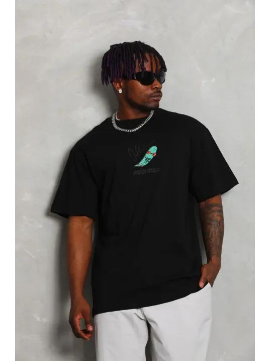 Unisex Oversize Baskılı Bisiklet Yaka T-Shirt - Siyah Unisex Oversize Baskılı Bisiklet Yaka T-Shirt - Siyah