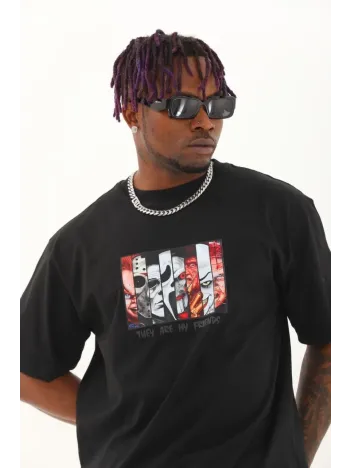 Unisex Oversize Baskılı Bisiklet Yaka T-Shirt - Siyah Unisex Oversize Baskılı Bisiklet Yaka T-Shirt - Siyah