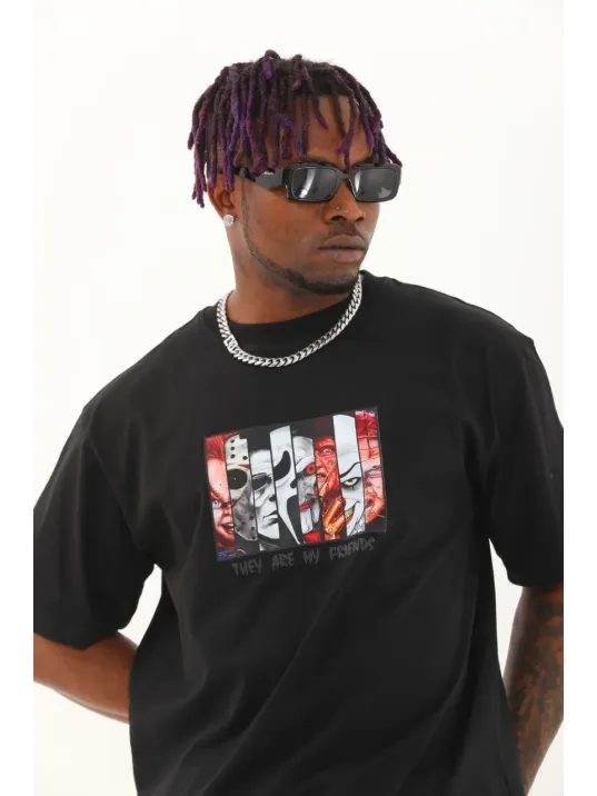 Unisex Oversize Baskılı Bisiklet Yaka T-Shirt - Siyah Unisex Oversize Baskılı Bisiklet Yaka T-Shirt - Siyah