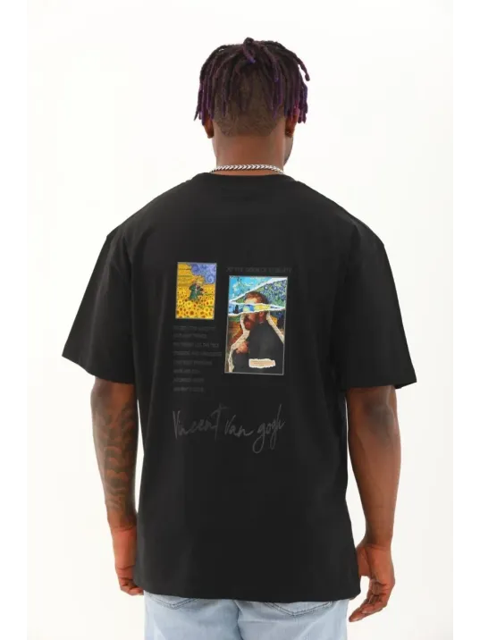 Unisex Oversize Baskılı Bisiklet Yaka T-Shirt - Siyah