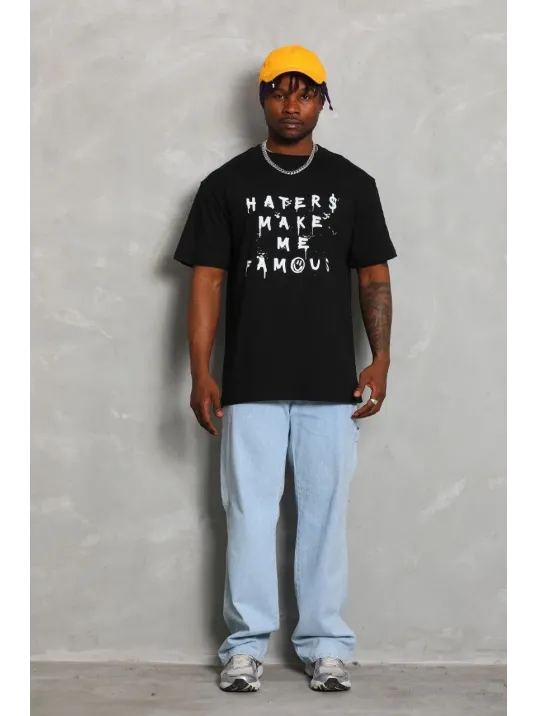 Unisex Oversize Baskılı Bisiklet Yaka T-Shirt - Siyah