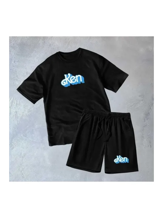 Erkek Baskılı İkili Şort Takım - Siyah