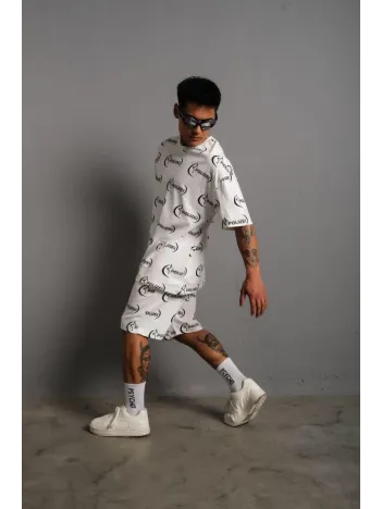 Erkek Baskılı İkili Şortlu Takım - Beyaz