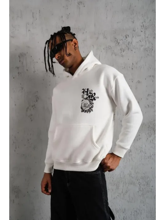 Erkek Baskılı Kapşonlu Sweat - Beyaz Erkek Baskılı Kapşonlu Sweat - Beyaz
